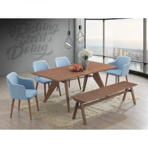 CKE Gold Series-03-218-A-SET 2 - Rectangular Solid Wood Dining Table C/W 2 Arm Chairs & 2 Side Chairs With Fabric Cushion Seater & 1 Bench Chair With Wooden Seater