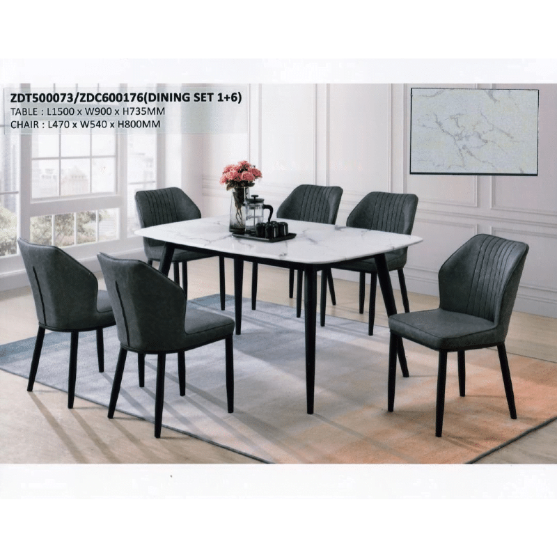 AMZ Series-ZDT500073 - Rectangular Synthetic Marble Top Table C/W 6 Pieces Cushion Chairs