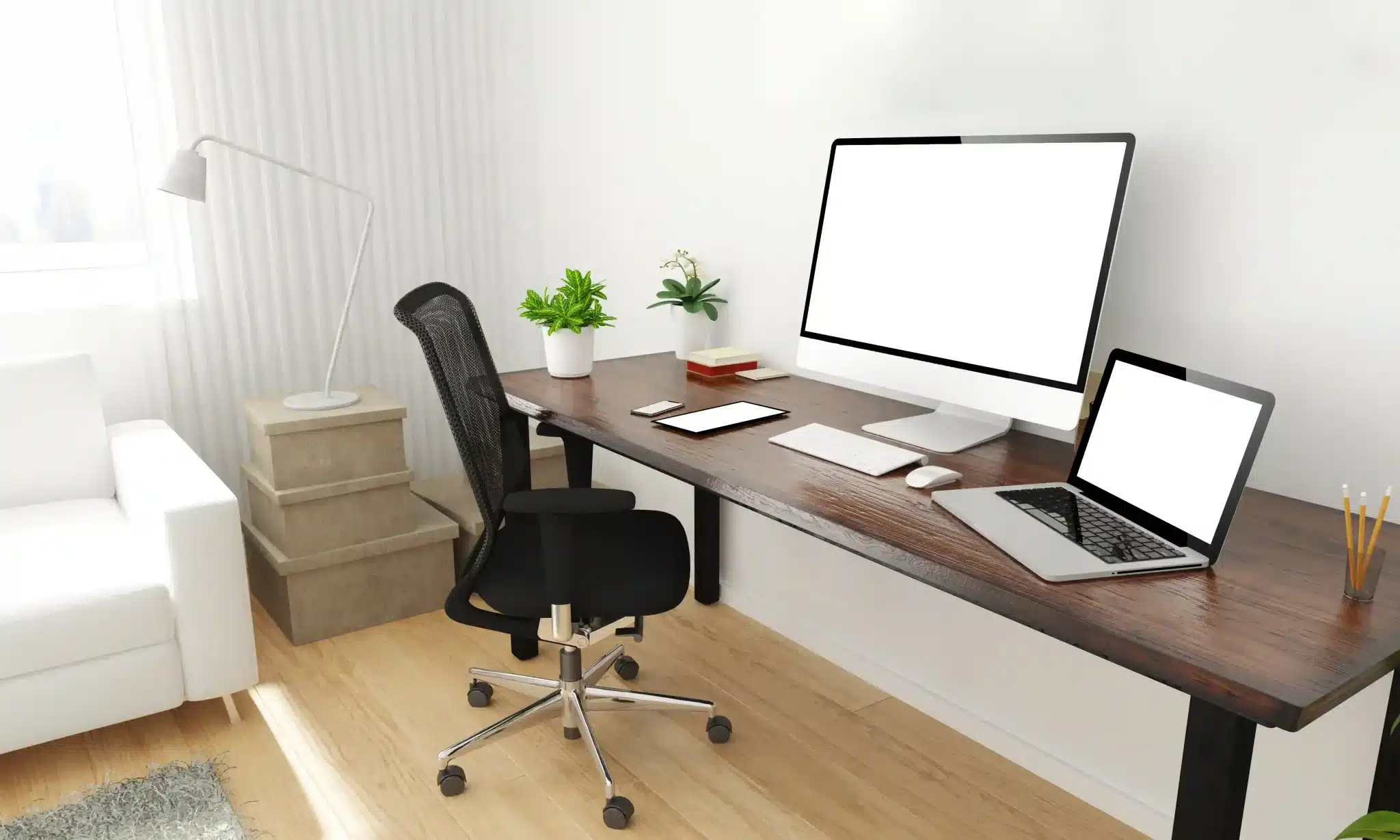 A bright WFH desk setup featuring a computer, laptop, and a black mesh ergonomic office chair Malaysia professionals prefer for comfortable home workspaces.
