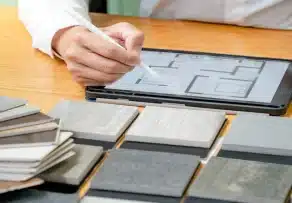 Designer using a stylus on a tablet surrounded by material samples on a wooden office table.