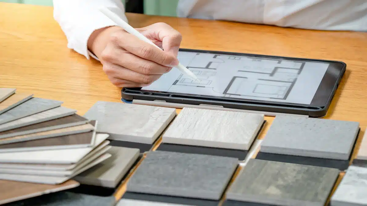 Designer using a stylus on a tablet surrounded by material samples on a wooden office table.