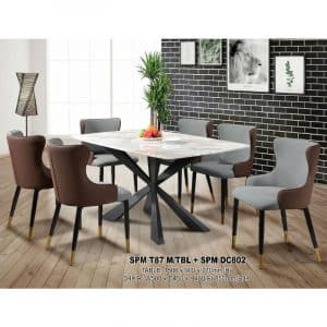 AMZ Series-T87-DC802 - Rectangular Synthetic Marble Top Table C/W 6 Pieces Cushion Chairs