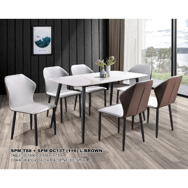 AMZ Series-T88-DC137-BLUE - Rectangular Synthetic Marble Top Table C/W 6 Pieces Cushion Chairs - Brown