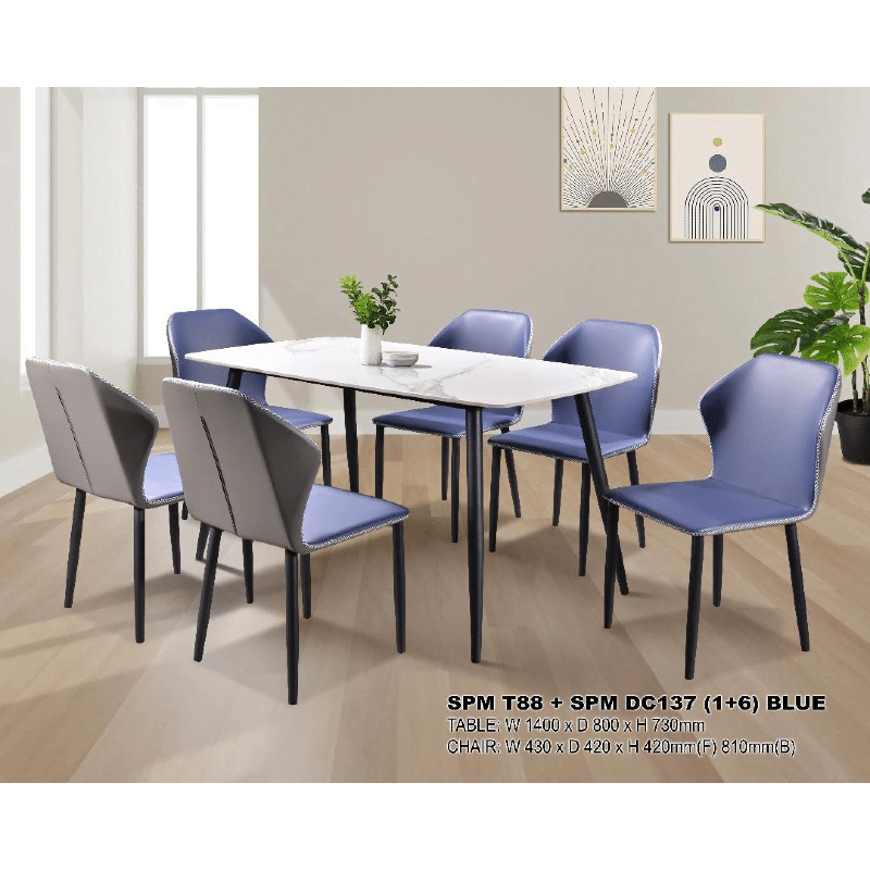 AMZ Series-T88-DC137-BLUE - Rectangular Synthetic Marble Top Table C/W 6 Pieces Cushion Chairs - Blue