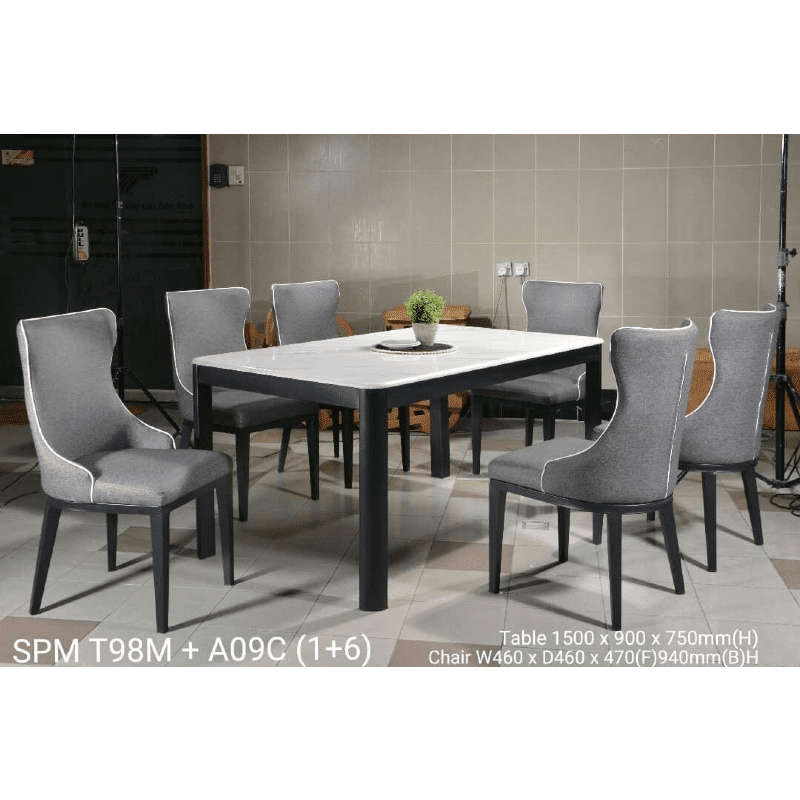 AMZ Series-T98M-A09C - Rectangular Synthetic Marble Top Table C/W 6 Pieces Cushion Chairs
