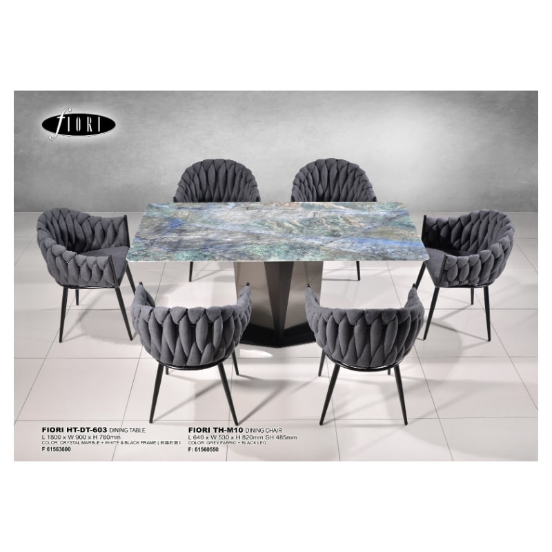 FIORI SERIES HT-DT-603 - Rectangular Crystal Marble Top Table C/W 6 Pieces Cushion Chairs.